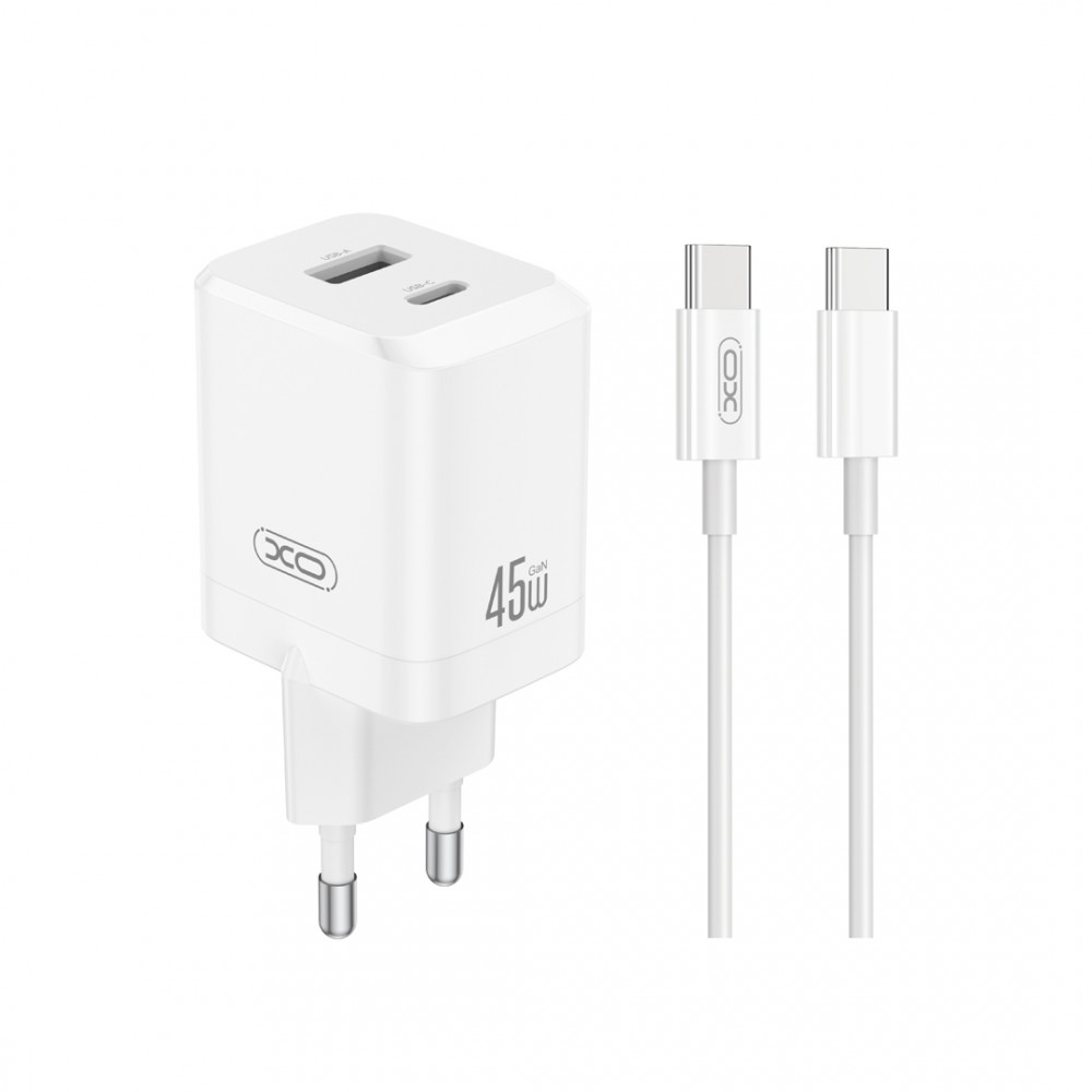 XO wall charger CE36 PD 45W 1x USB-C 1x USB white + cable USB-C - USB-C