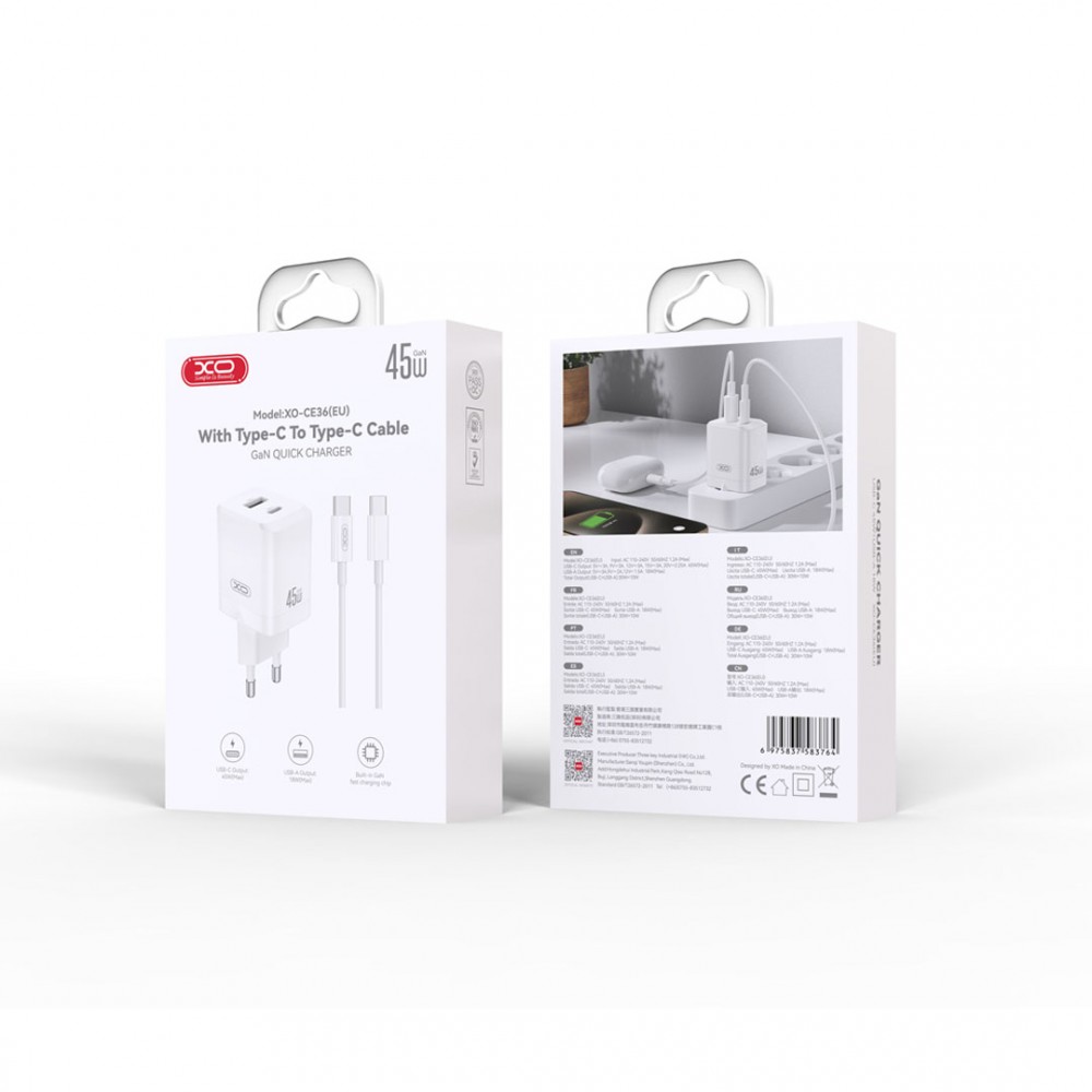 XO wall charger CE36 PD 45W 1x USB-C 1x USB white + cable USB-C - USB-C