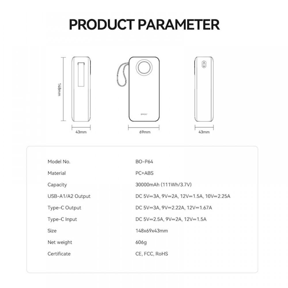 BWOO Power bank με οθόνη 22.5W 20000mah BO-P64 - Λευκό