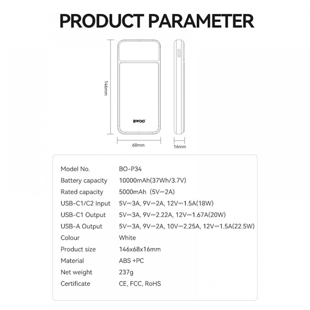 BWOO Power bank με οθόνη, Ultra thin 22.5W 10000mah P34 - Λευκό