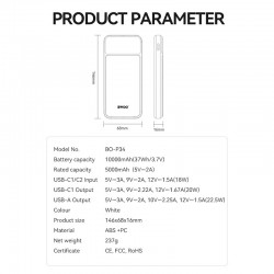 BWOO Power bank με οθόνη, Ultra thin 22.5W 10000mah P34 - Λευκό