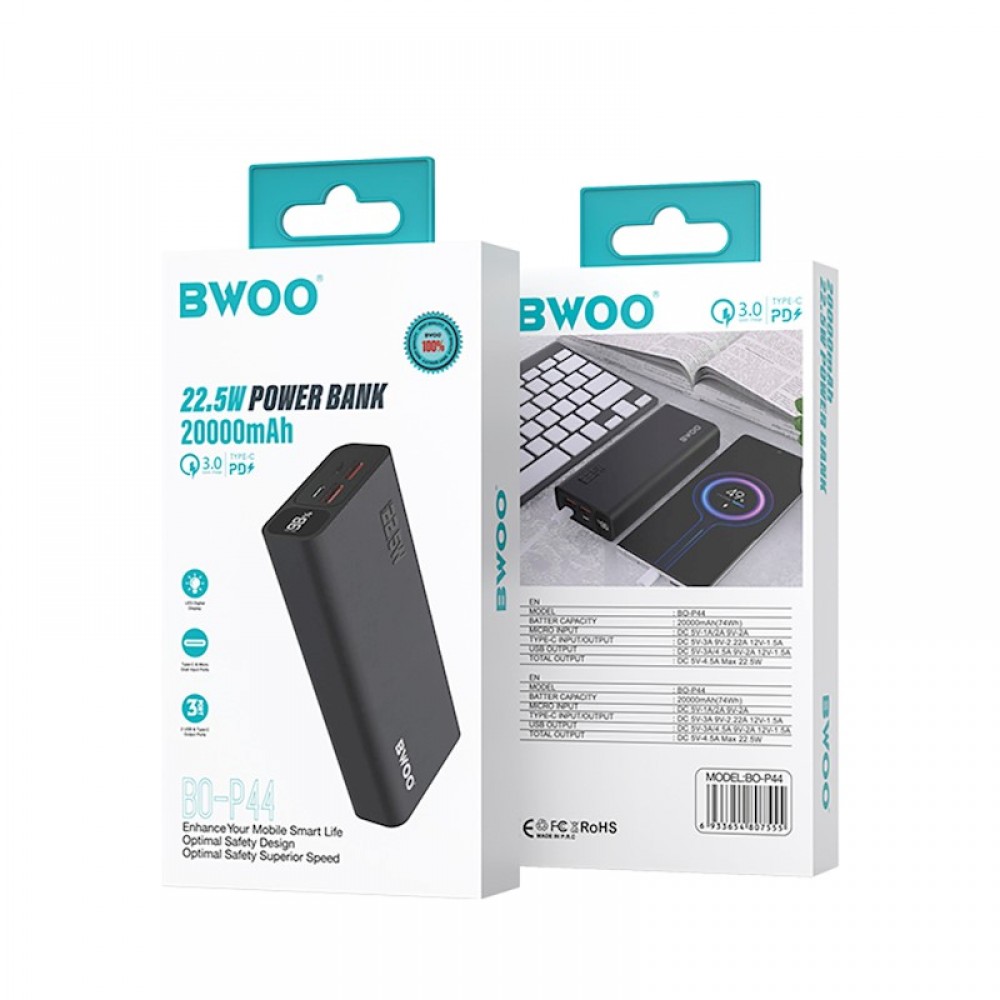 BWOO Power bank με οθόνη 22.5W 20000mah BO-P44 - Μαύρο