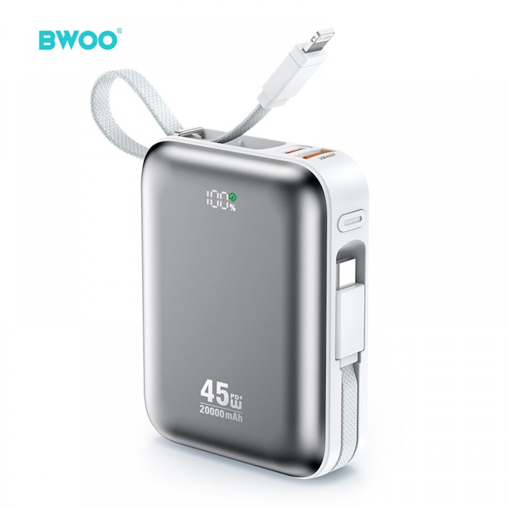 BWOO Power bank με καλώδιο, οθόνη 45W 20000mah BO-P78 - Ασημί