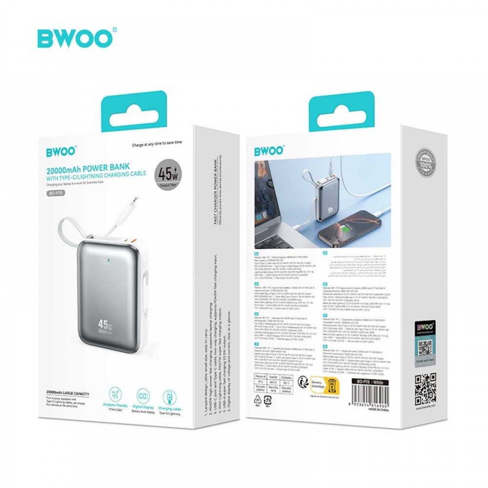 BWOO Power bank με καλώδιο, οθόνη 45W 20000mah BO-P78 - Ασημί