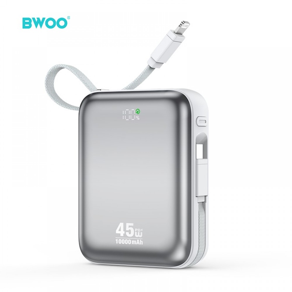 BWOO Power bank με καλώδιο, οθόνη 45W 10000mah P77 - Ασημί