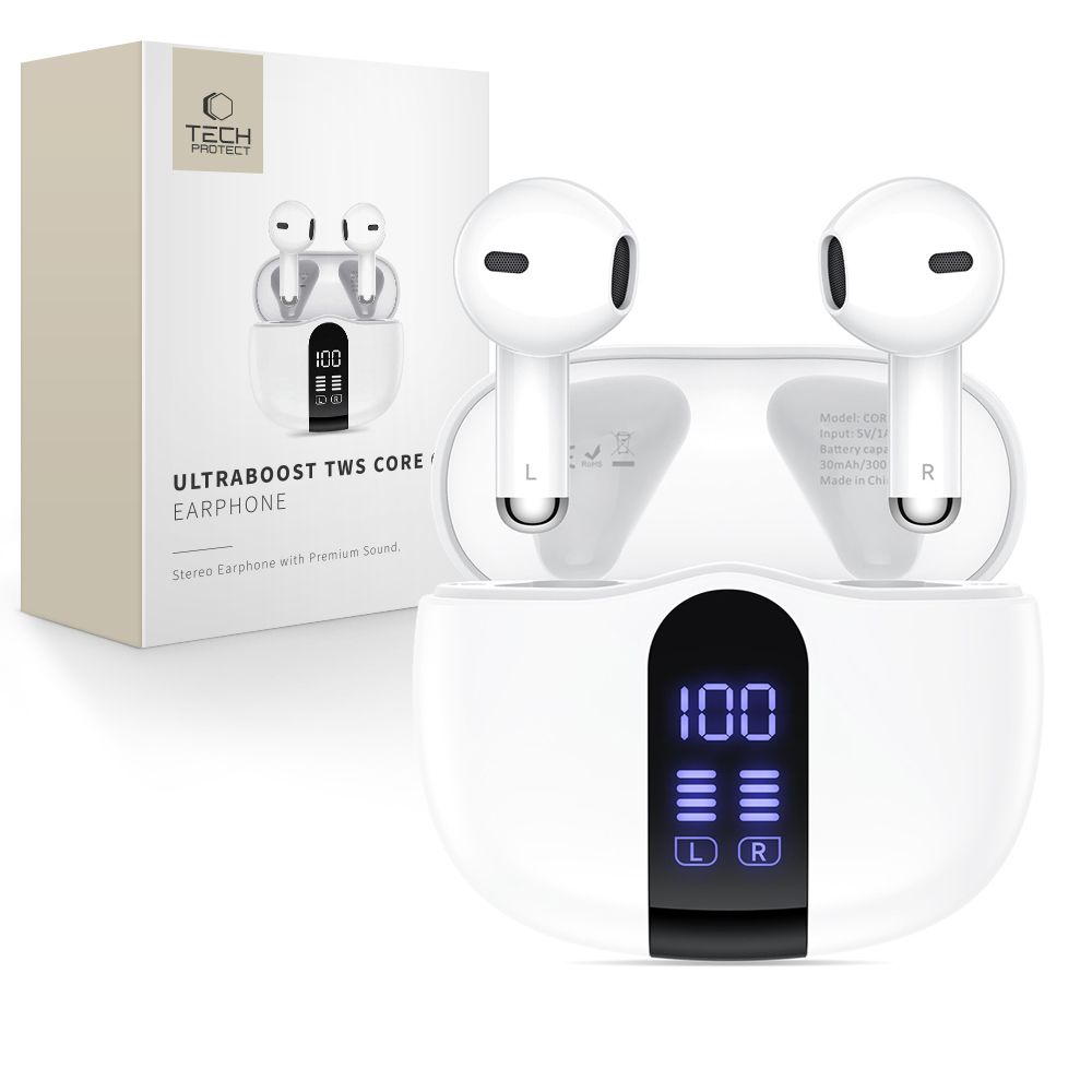 Tech-Protect Ultraboost Core G2 Earbud Bluetooth Handsfree Ακουστικά με Θήκη Φόρτισης Λευκά Tech-Protect Ultraboost Core G2 Earbud Bluetooth Handsfree Ακουστικά με Θήκη Φόρτισης Λευκά