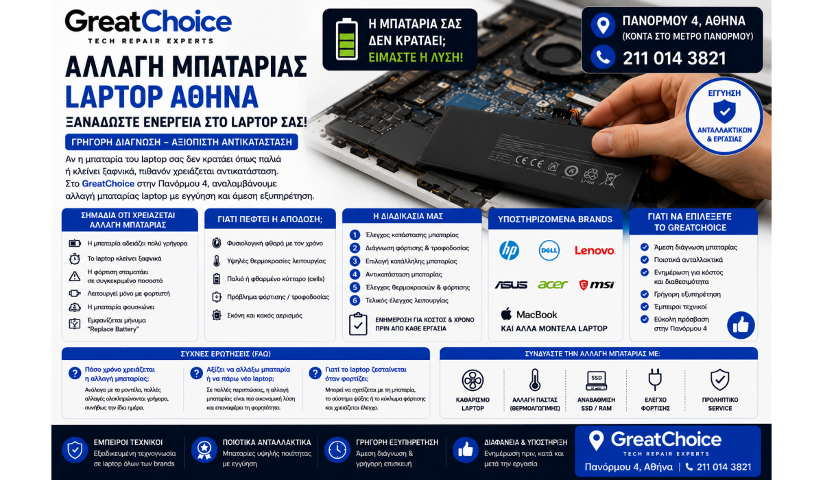 Αλλαγή Μπαταρίας Laptop Αθήνα – Service Laptop στο GreatChoice