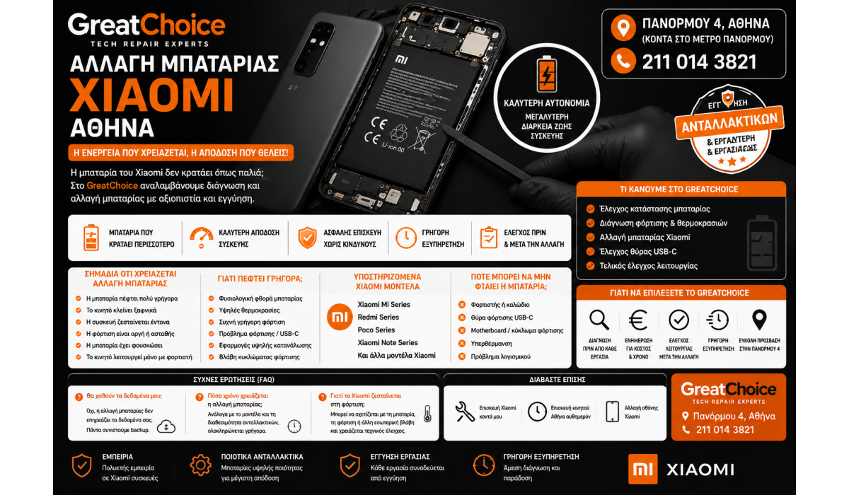 Αλλαγή Μπαταρίας Xiaomi Αθήνα – Service Xiaomi στο GreatChoice
