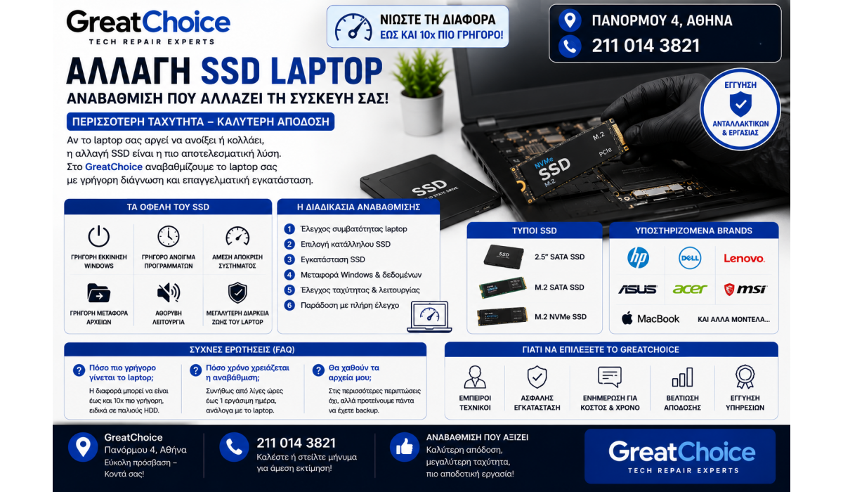 Αλλαγή SSD Laptop Αθήνα – Αναβάθμιση Laptop στο GreatChoice