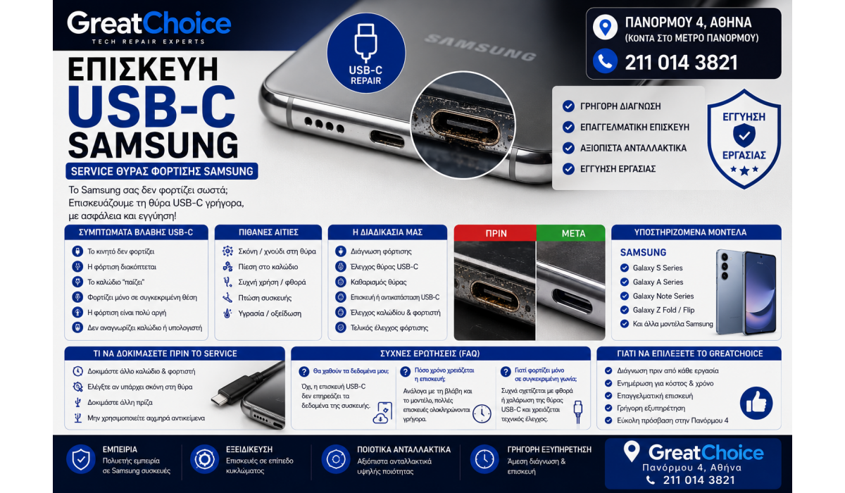 Επισκευή USB-C Samsung Αθήνα – Service Θύρας Φόρτισης Samsung