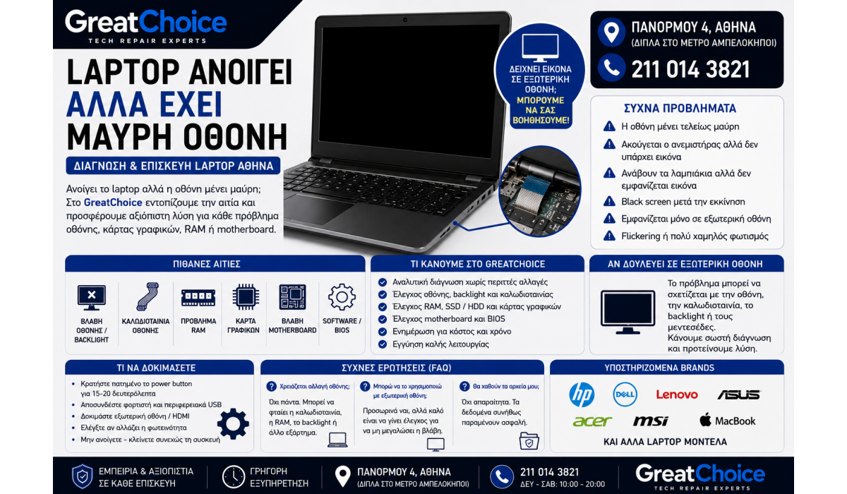 Laptop Ανοίγει αλλά Έχει Μαύρη Οθόνη – Service Laptop Αθήνα