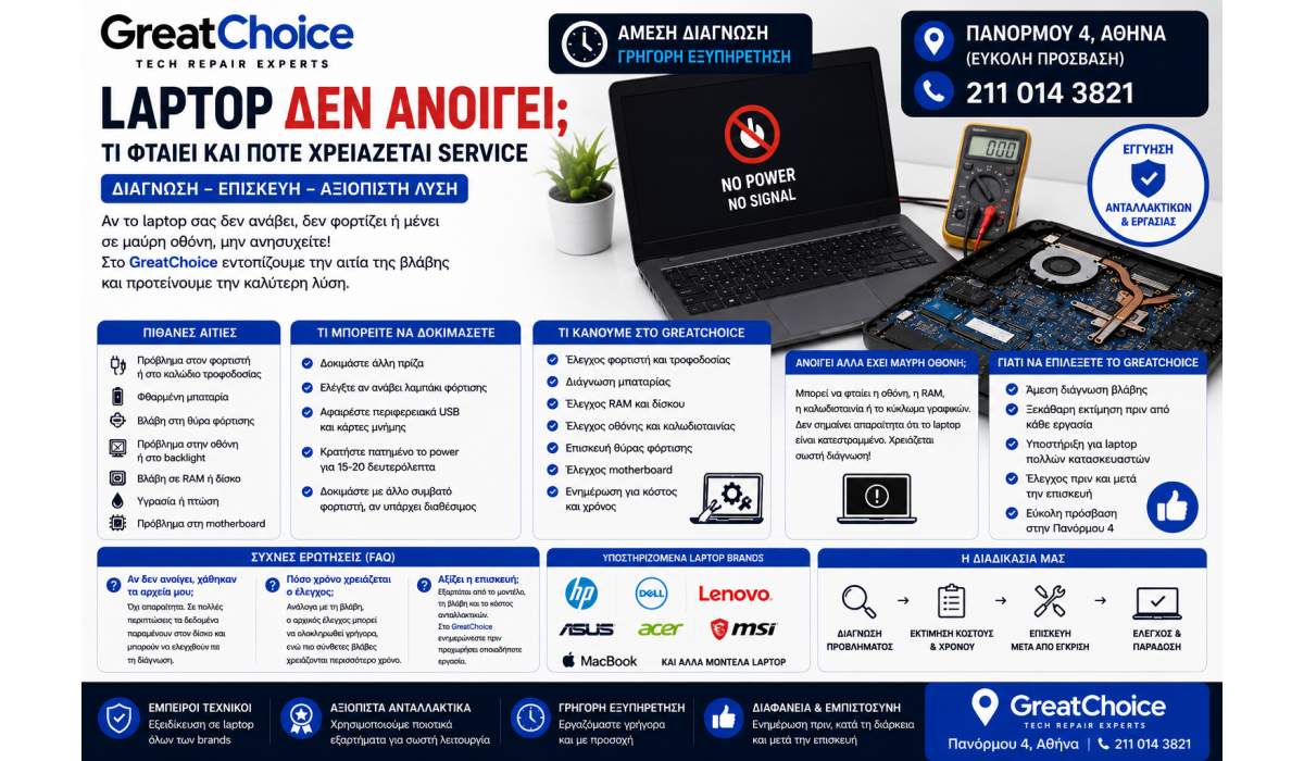 Laptop Δεν Ανοίγει – Τι Φταίει και Πότε Χρειάζεται Service
