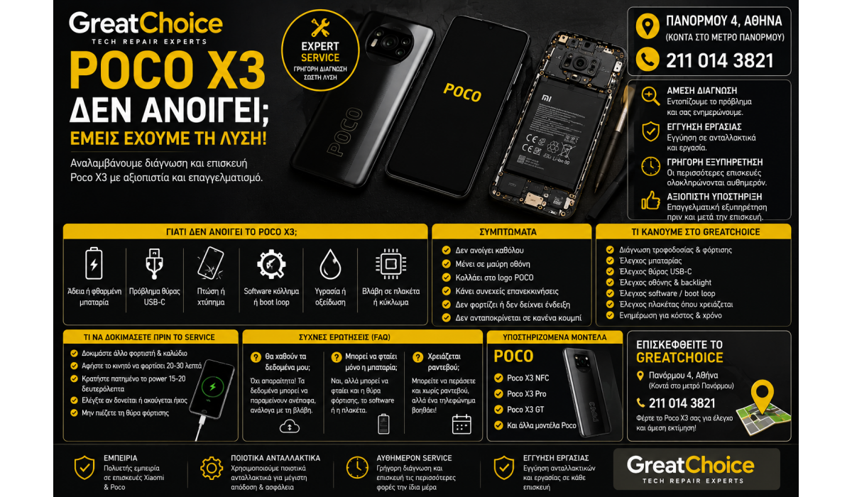 Poco X3 Δεν Ανοίγει – Service Poco στο GreatChoice Αθήνα