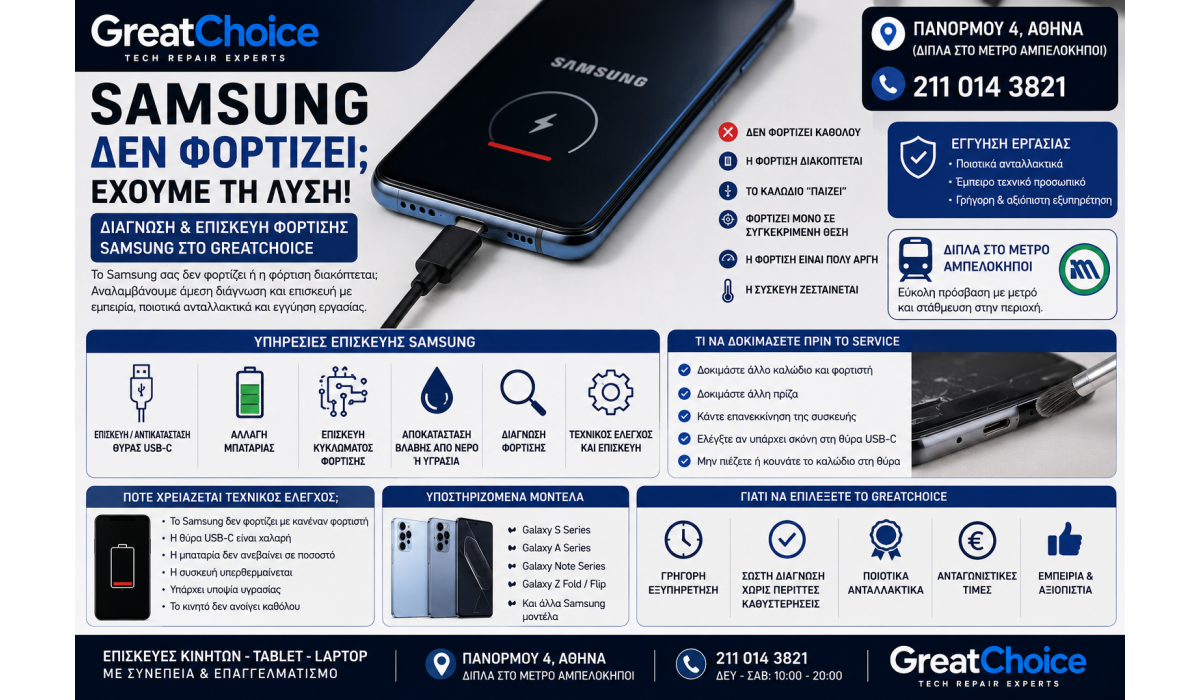 Samsung Δεν Φορτίζει – Service Samsung στο GreatChoice Αθήνα