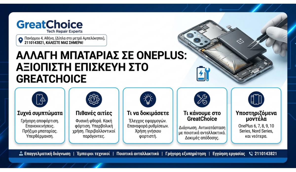 Αλλαγή Μπαταρίας σε OnePlus: Αξιόπιστη Επισκευή στο GreatChoice (Αμπελόκηποι)