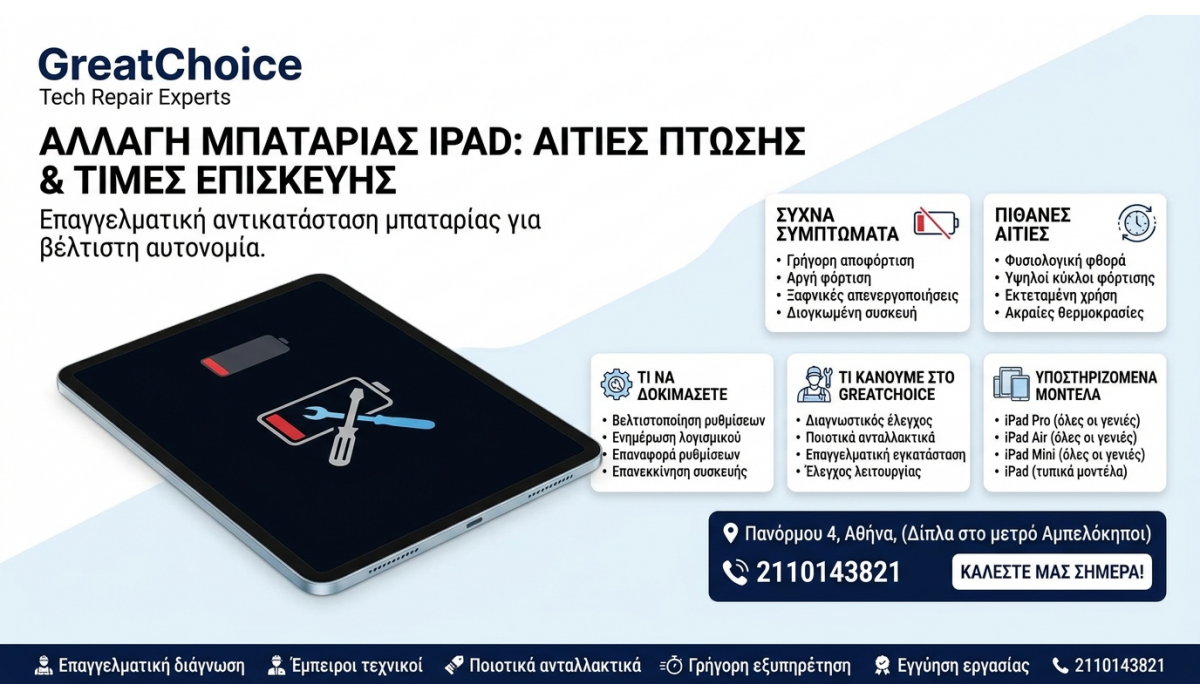 Αλλαγή Μπαταρίας iPad: Αιτίες Πτώσης & Τιμές Επισκευής