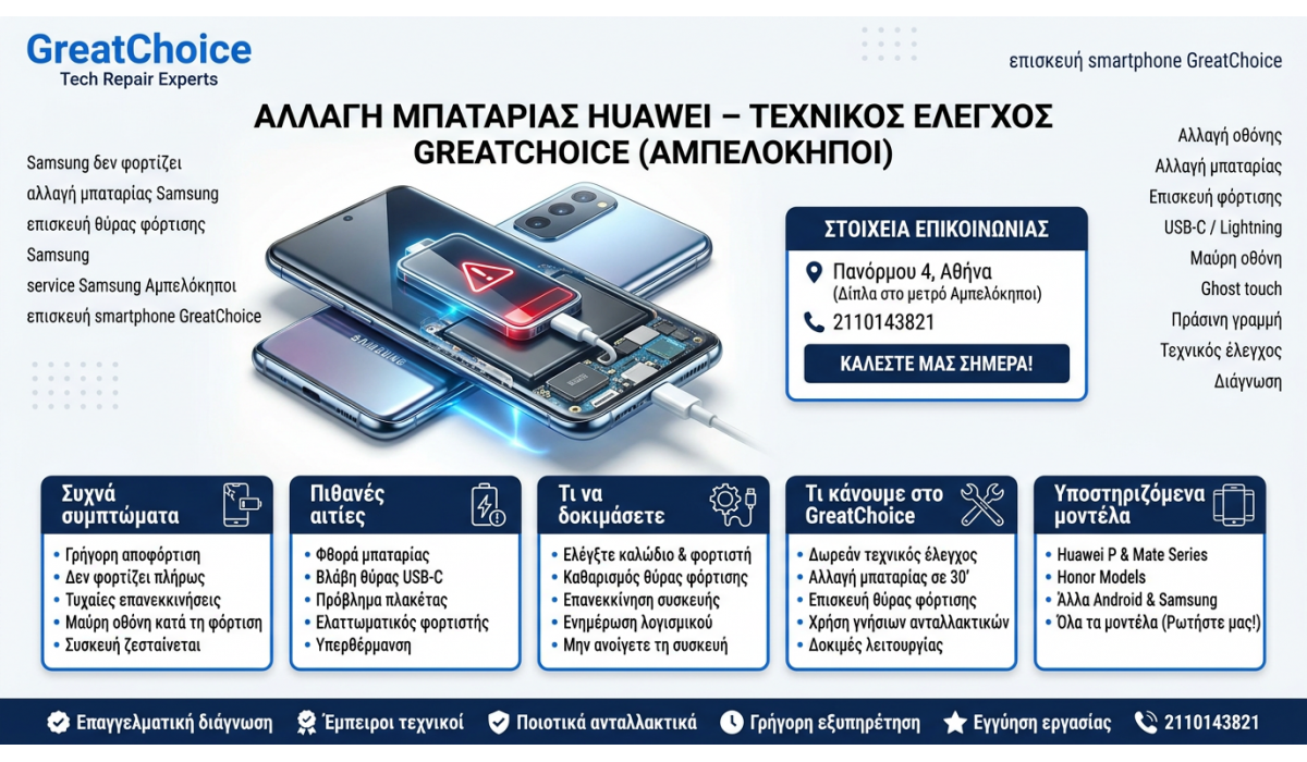 Αλλαγή Μπαταρίας Huawei – τεχνικός έλεγχος GreatChoice (Αμπελόκηποι)