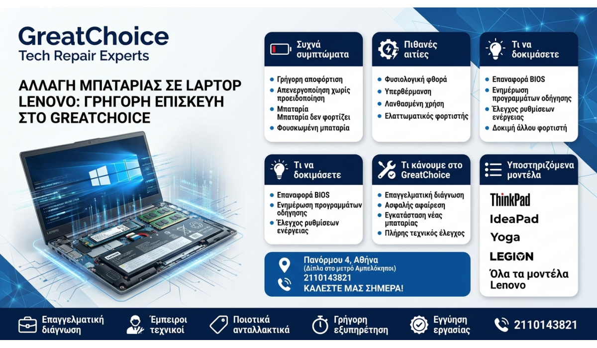Αλλαγή Μπαταρίας σε Laptop Lenovo: Γρήγορη Επισκευή στο GreatChoice