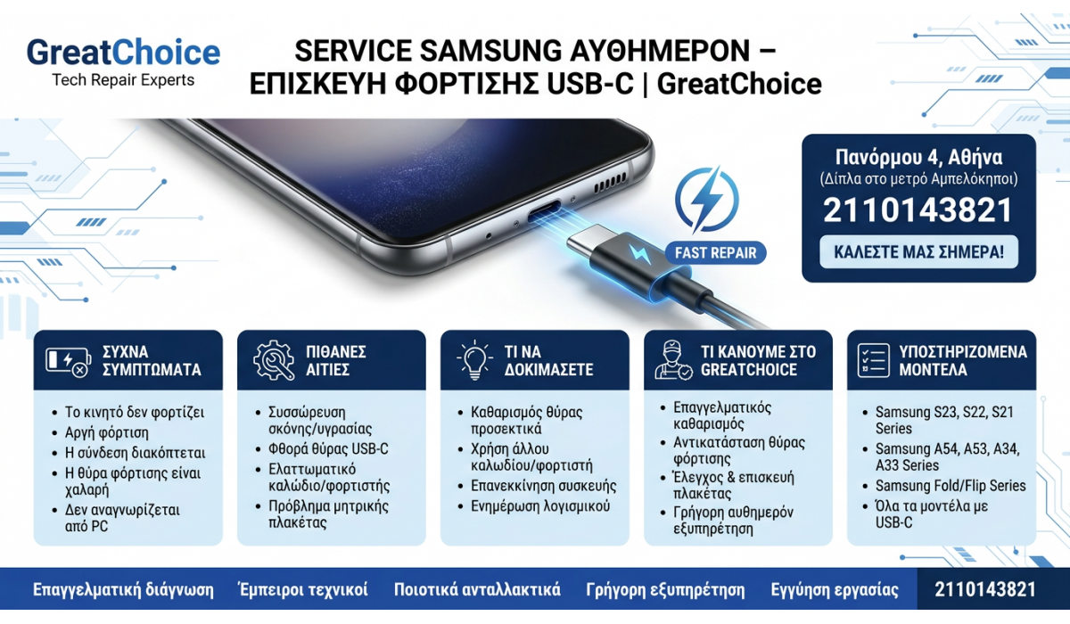 Service Samsung αυθημερόν – Επισκευή Φόρτισης Usb-C | GreatChoice