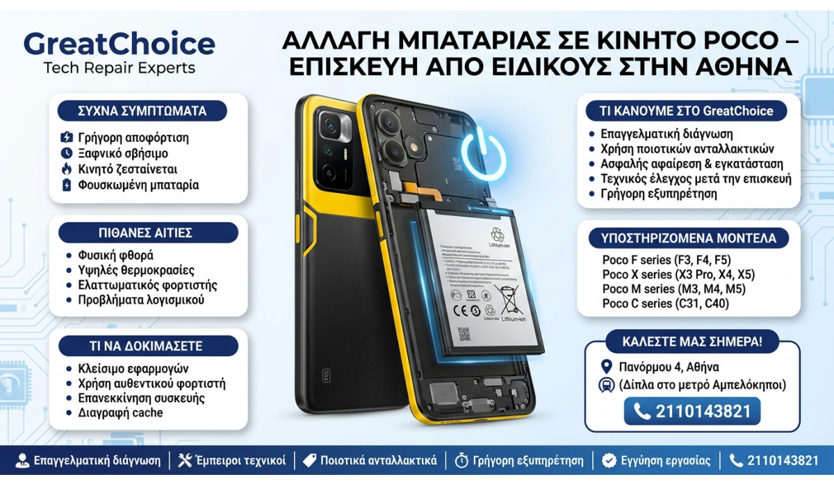 Αλλαγή Μπαταρίας σε κινητό Poco – Επισκευή από Ειδικούς στην Αθήνα
