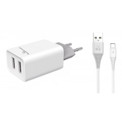 POWERTECH Φορτιστής τοίχου & καλώδιο USB Type-C PT-776, 2x USB, 2.1A