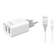 POWERTECH φορτιστής τοίχου PT-777, καλώδιο Lightning, 2x USB 2.1A, λευκό
