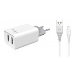 POWERTECH φορτιστής τοίχου PT-777, καλώδιο Lightning, 2x USB 2.1A, λευκό