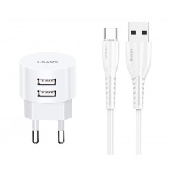 USAMS φορτιστής τοίχου T20 & καλώδιο type-C, 2x USB, 2.1A, λευκός