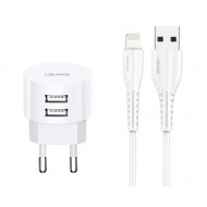 USAMS φορτιστής τοίχου T20 & καλώδιο Lightning, 2x USB, 2.1A, λευκός