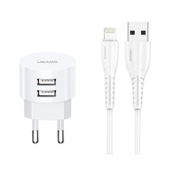 USAMS φορτιστής τοίχου T20 & καλώδιο Lightning, 2x USB, 2.1A, λευκός