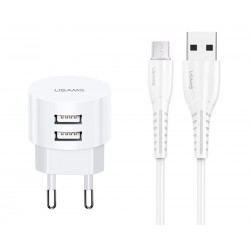 USAMS φορτιστής τοίχου T20 & καλώδιο Micro USB, 2x USB, 2.1A, λευκός