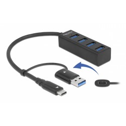 DELOCK USB hub 63828, 4x θυρών, 5Gbps, USB & USB-C σύνδεση, μαύρο