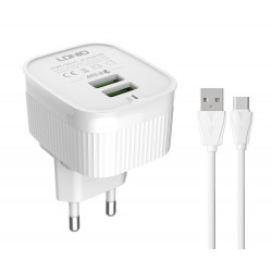 LDNIO φορτιστής τοίχου A201 με καλώδιο USB-C, 2x USB, 12W, λευκός