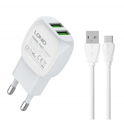 LDNIO φορτιστής τοίχου A2218 με καλώδιο USB-C, 2x USB, 12W, λευκός