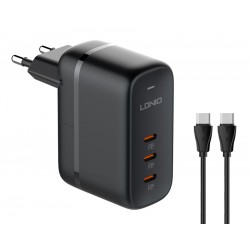 LDNIO φορτιστής τοίχου Q367 με καλώδιο USB-C, 3x USB-C, 65W, GaN, μαύρος