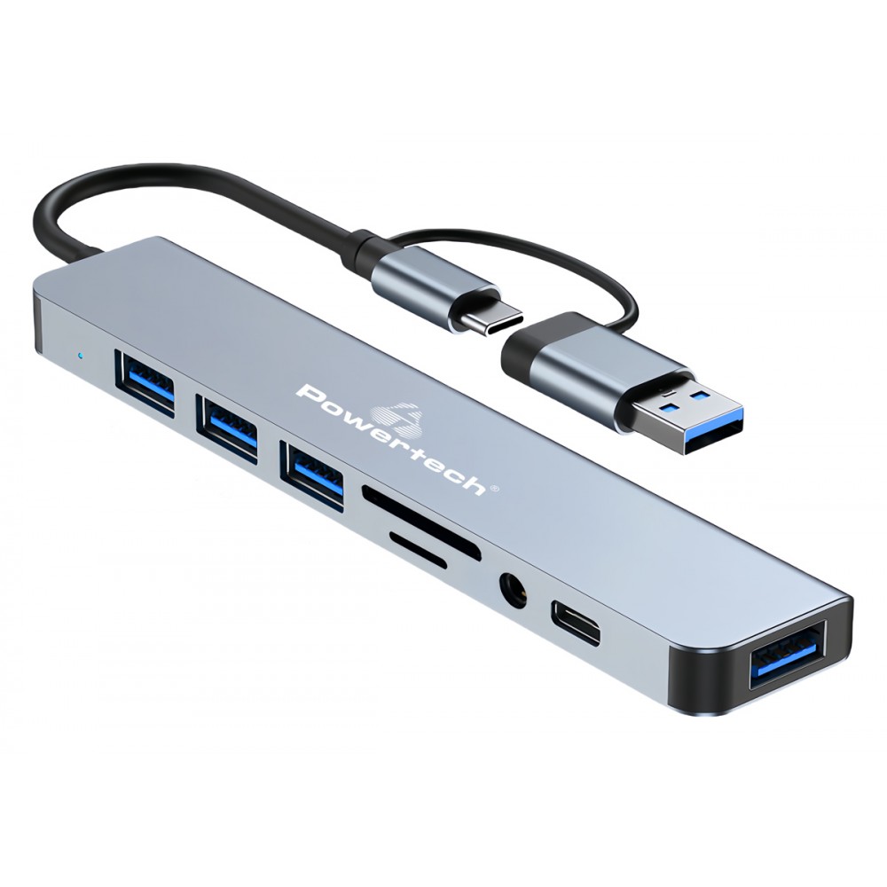 POWERTECH USB hub PTR-0151 με card reader, 8 θυρών, USB & USB-C, γκρι POWERTECH USB hub PTR-0151 με card reader, 8 θυρών, USB & USB-C, γκρι