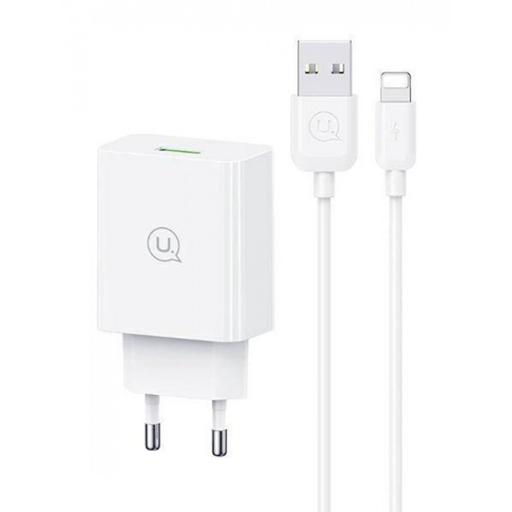 USAMS φορτιστής τοίχου SCXLTZ03 με καλώδιο Lightning, USB, 18W, λευκός USAMS φορτιστής τοίχου SCXLTZ03 με καλώδιο Lightning, USB, 18W, λευκός
