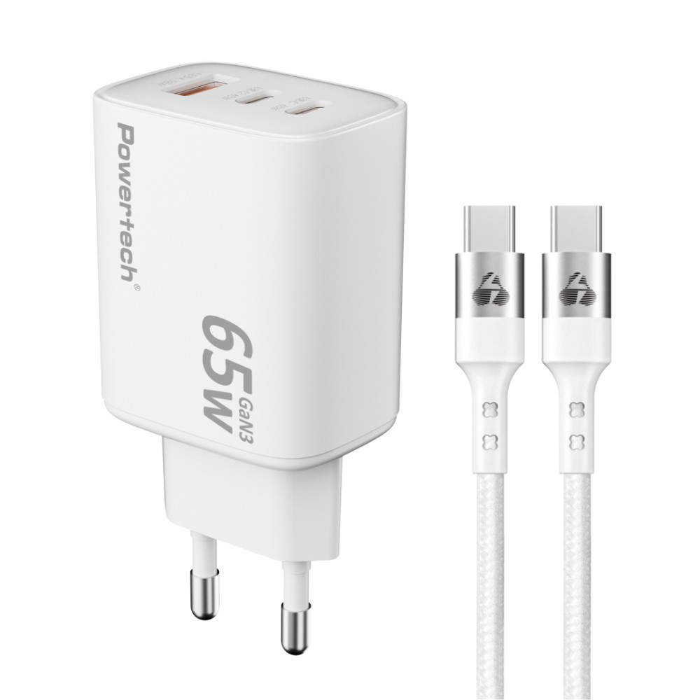 POWERTECH φορτιστής τοίχου PT-1415 με καλώδιο, USB/2x USB-C, 65W, GaN, λευκός POWERTECH φορτιστής τοίχου PT-1415 με καλώδιο, USB/2x USB-C, 65W, GaN, λευκός
