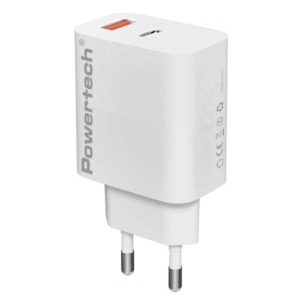 POWERTECH φορτιστής τοίχου PT-1437, USB/USB-C, 20W, GaN, λευκός POWERTECH φορτιστής τοίχου PT-1437, USB/USB-C, 20W, GaN, λευκός