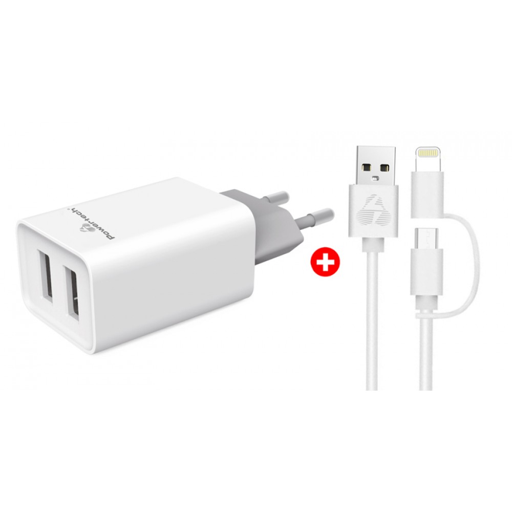 POWERTECH φορτιστής τοίχου 2x USB & καλώδιο USB σε Micro/Lightning BNDL-0198