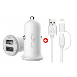 POWERTECH φορτιστής αυτοκινήτου 2x USB & καλώδιο USB σε Micro/Lightning BNDL-0199