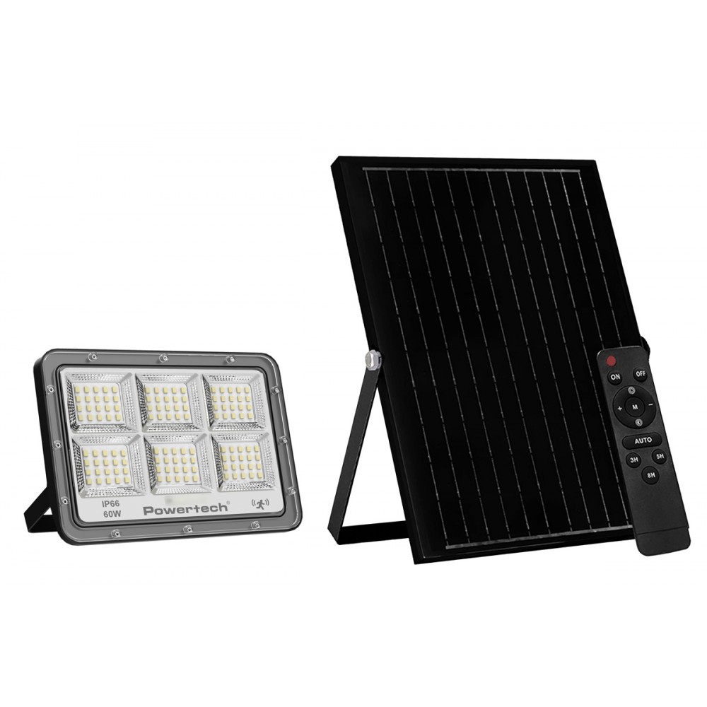 POWERTECH LED ηλιακός προβολέας PT-1456 με τηλεχειριστήριο, αισθητήρας κίνησης, 60W, 4000K, 750lm, IP66