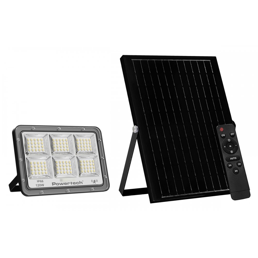 POWERTECH LED ηλιακός προβολέας PT-1457 με τηλεχειριστήριο, αισθητήρας κίνησης, 120W, 4000K, 1500lm, IP66