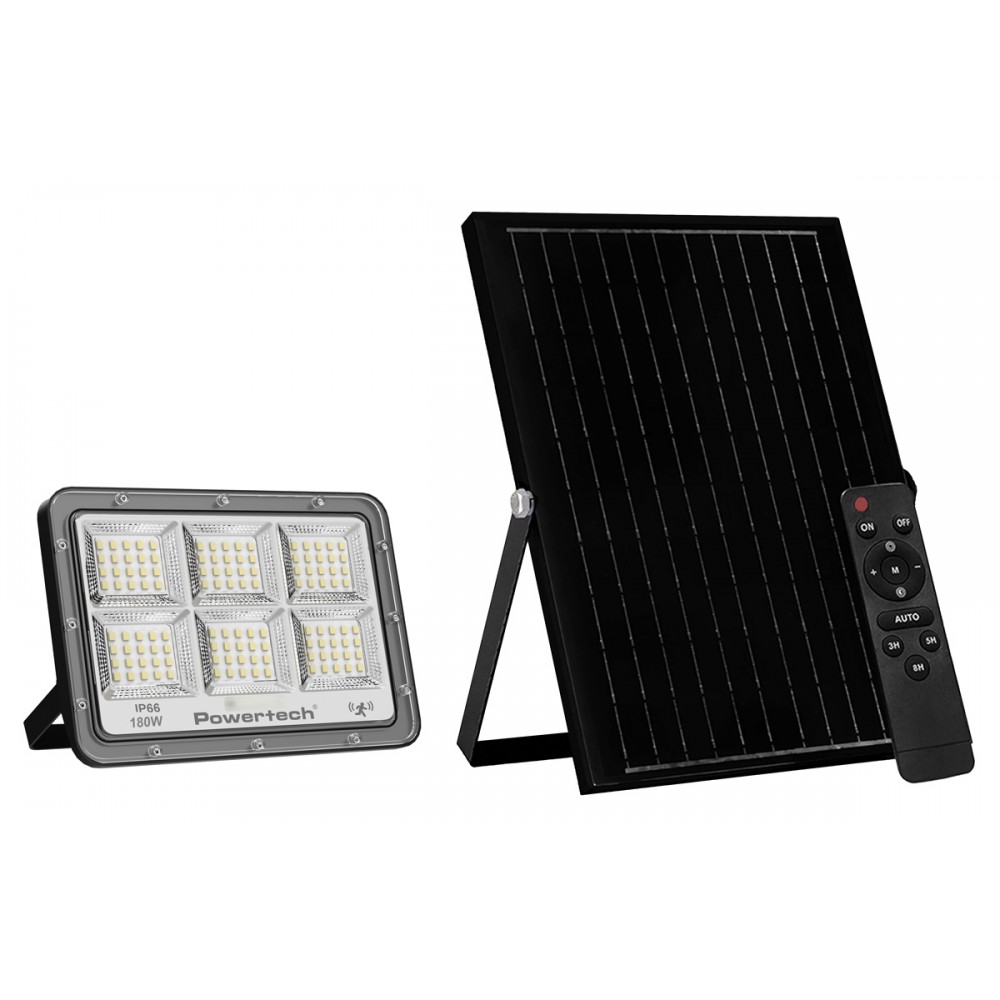 POWERTECH LED ηλιακός προβολέας PT-1458 με τηλεχειριστήριο, αισθητήρας κίνησης, 180W, 4000K, 2000lm, IP66