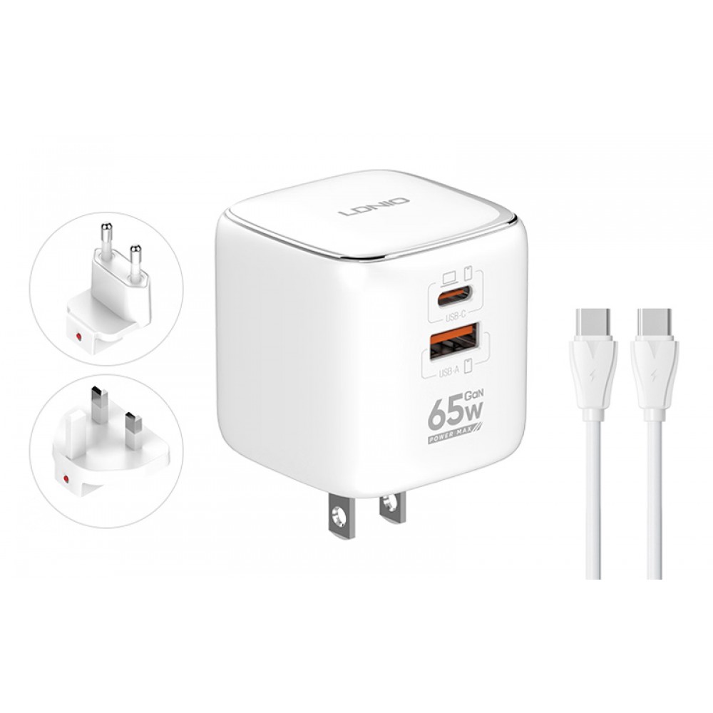 LDNIO φορτιστής τοίχου Q2617 με καλώδιο USB-C, EU/UK/US βύσμα, USB/USB-C, 65W, GaN, λευκός
