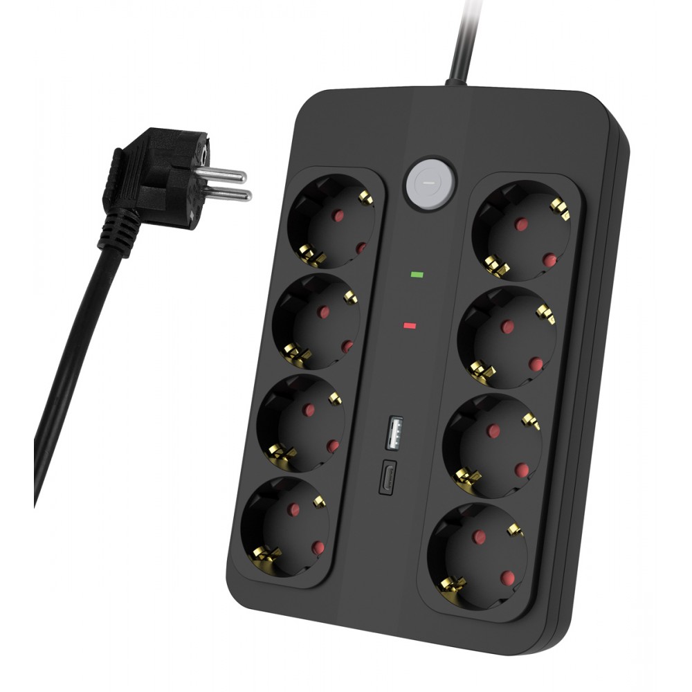 POWERTECH πολύπριζο ασφαλείας PT-1535, 8 θέσεων, με USB & USB-C θύρες, 16A, 1.5m, μαύρο