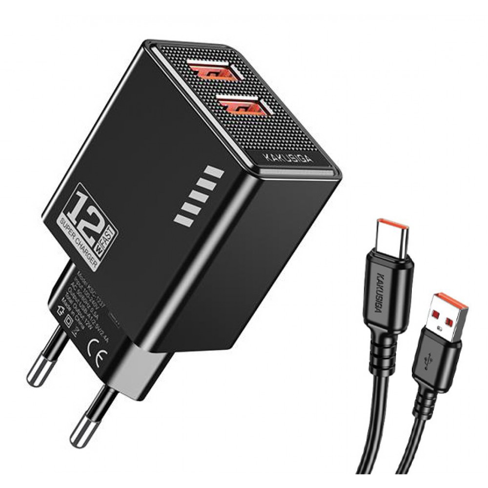 KAKUSIGA φορτιστής τοίχου KSC-1238 με καλώδιο USB-C, 2x USB, 12W, μαύρος KAKUSIGA φορτιστής τοίχου KSC-1238 με καλώδιο USB-C, 2x USB, 12W, μαύρος