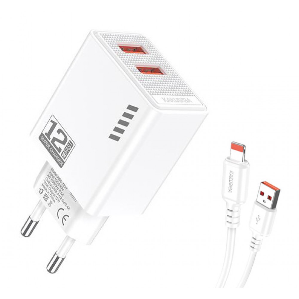 KAKUSIGA φορτιστής τοίχου KSC-1238 με καλώδιο Lightning, 2x USB, 12W, λευκός KAKUSIGA φορτιστής τοίχου KSC-1238 με καλώδιο Lightning, 2x USB, 12W, λευκός