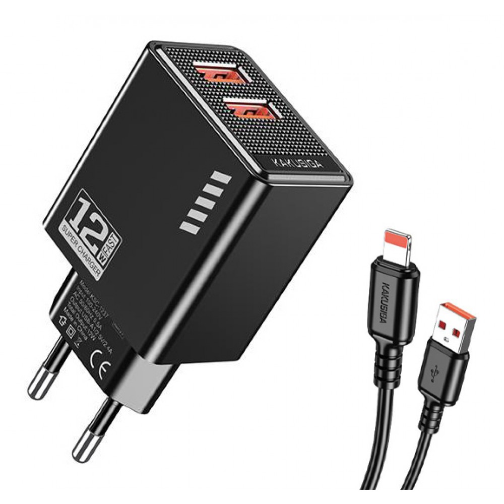 KAKUSIGA φορτιστής τοίχου KSC-1238 με καλώδιο Lightning, 2x USB, 12W, μαύρος KAKUSIGA φορτιστής τοίχου KSC-1238 με καλώδιο Lightning, 2x USB, 12W, μαύρος