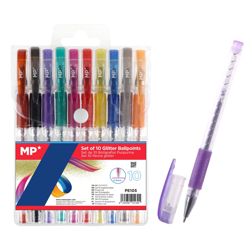 MP σετ στυλό διαρκείας ballpoint PE105 με glitter, 0.9mm, διάφορα χρώματα, 10τμχ